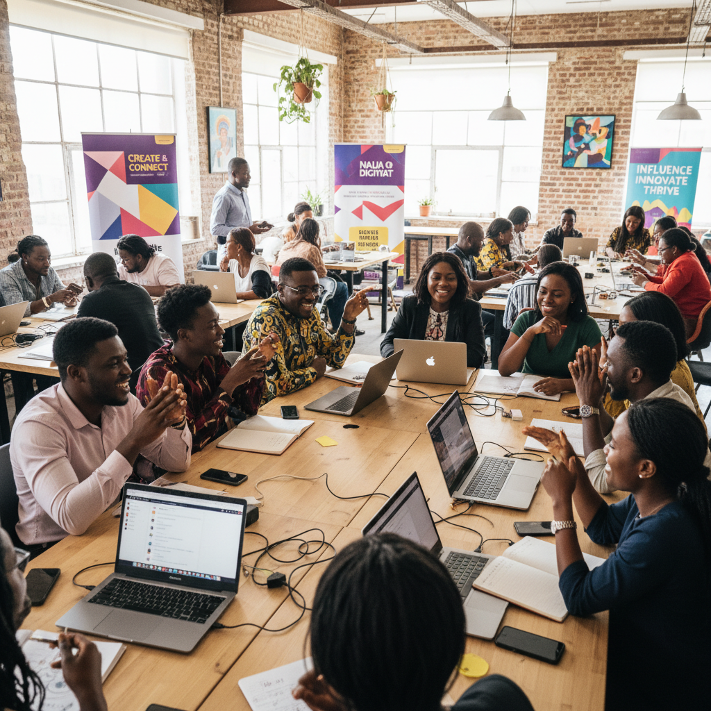 Excited Nigerian creators and entrepreneurs collaborating on social media campaigns