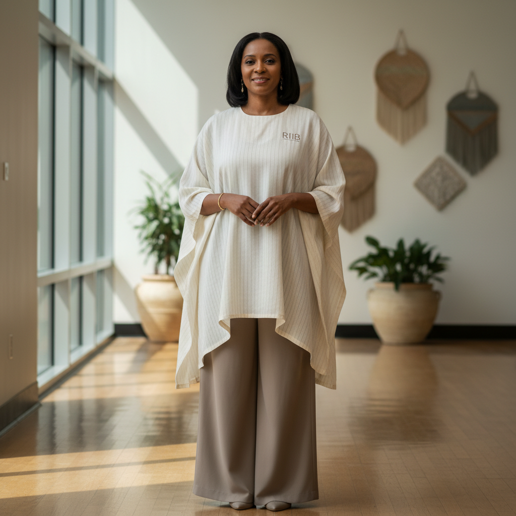 Community member Fatima wearing RIIB neutral tunic with wide-leg trousers for professional work setting