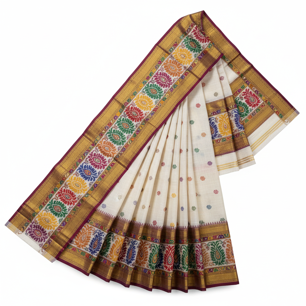 Elegant Tant saree with traditional Bengali weaving patterns in vibrant colors