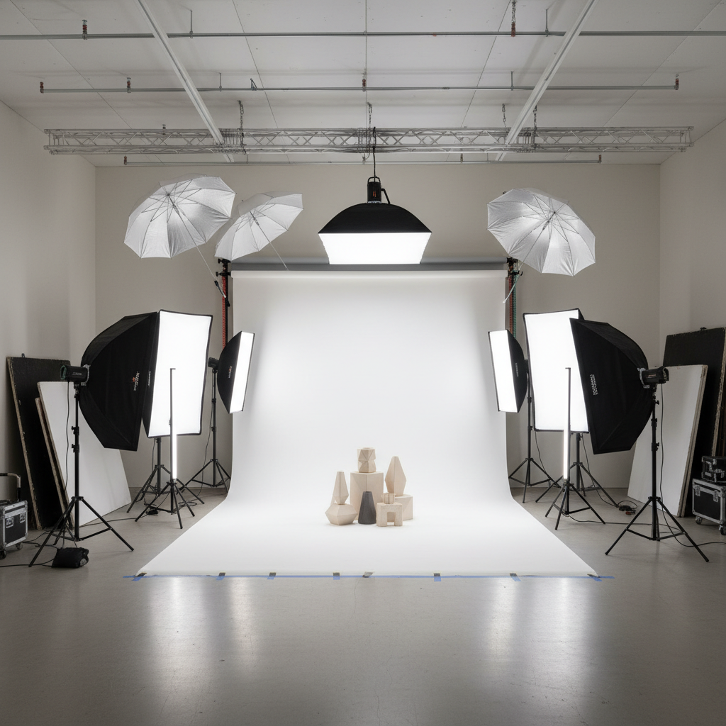 Studio lighting setup, dark background, professional photography environment, low-key atmospheric