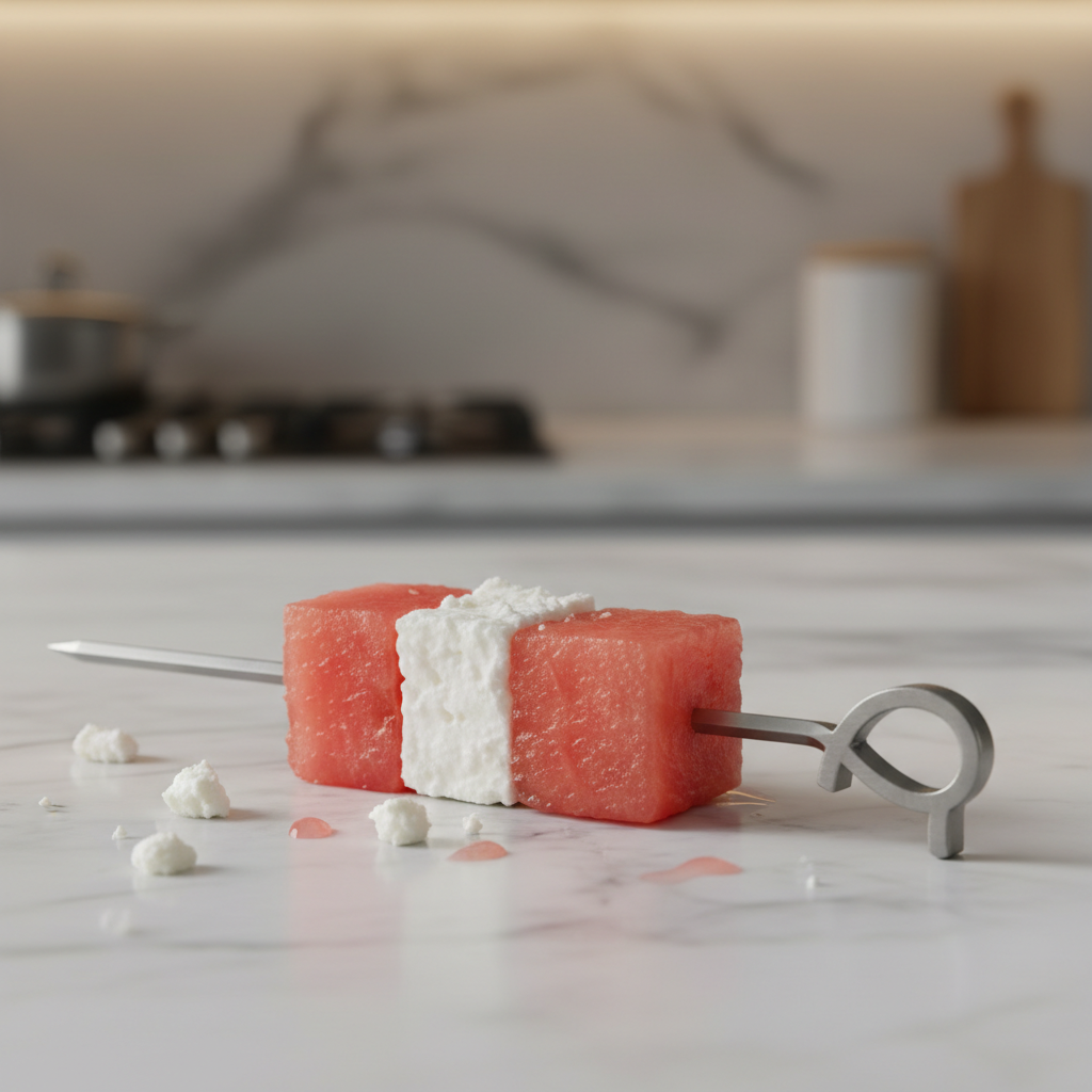 Elegant skewer with bright pink watermelon cube and white crumbled feta drizzled with amber honey on a marble surface