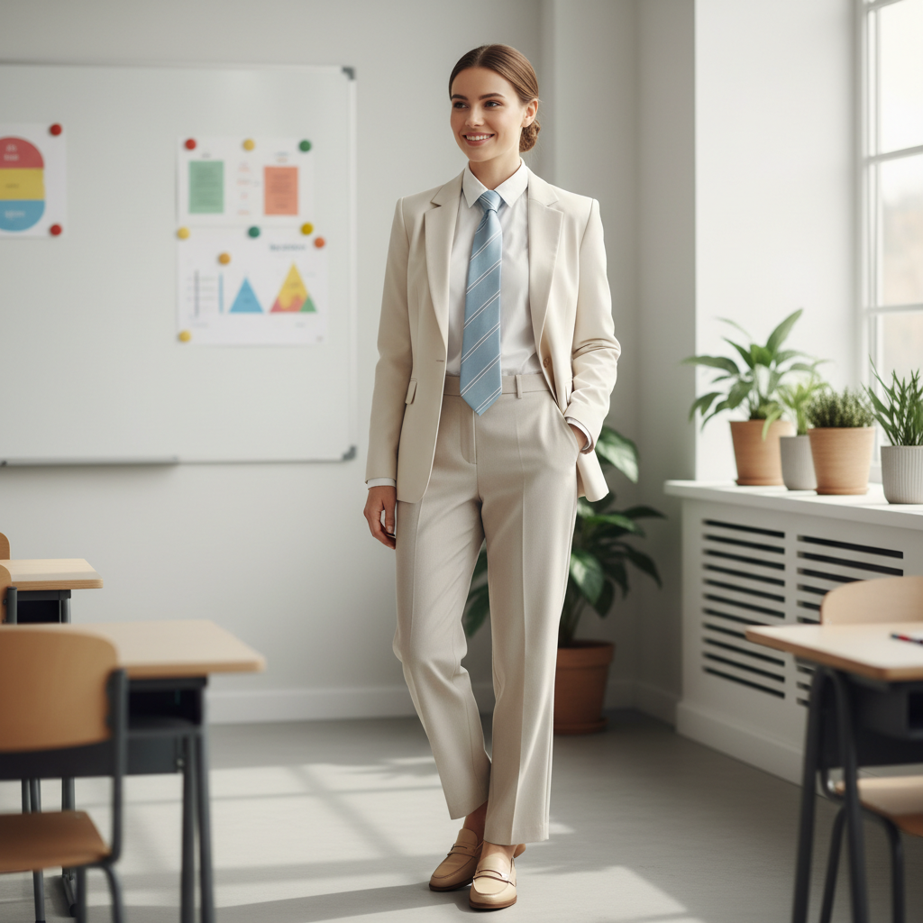 Smiling female teacher in professional attire standing in a sunlit modern school corridor