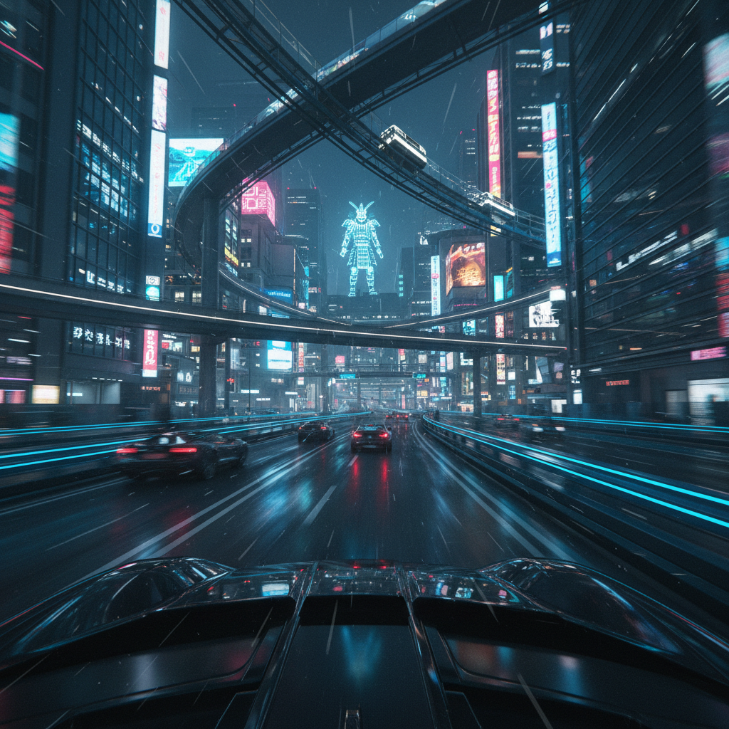 History: A futuristic city at night with neon lights reflec