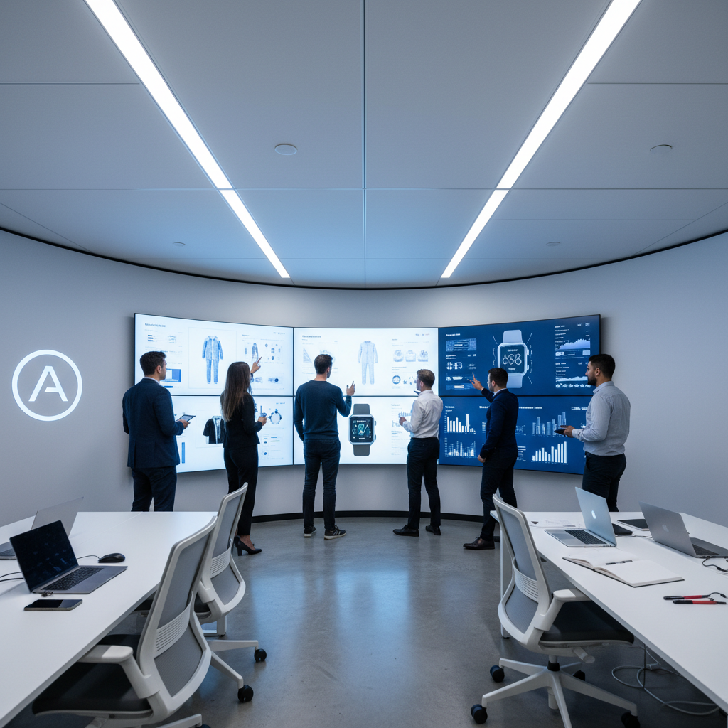 Professional branding team reviewing large format print designs in well-lit modern print studio, equipment visible in background