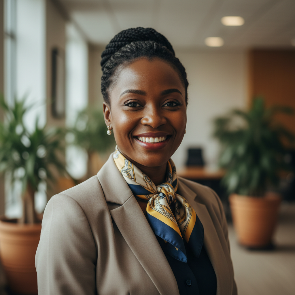 Professional woman with bright smile wearing colorful African print blouse