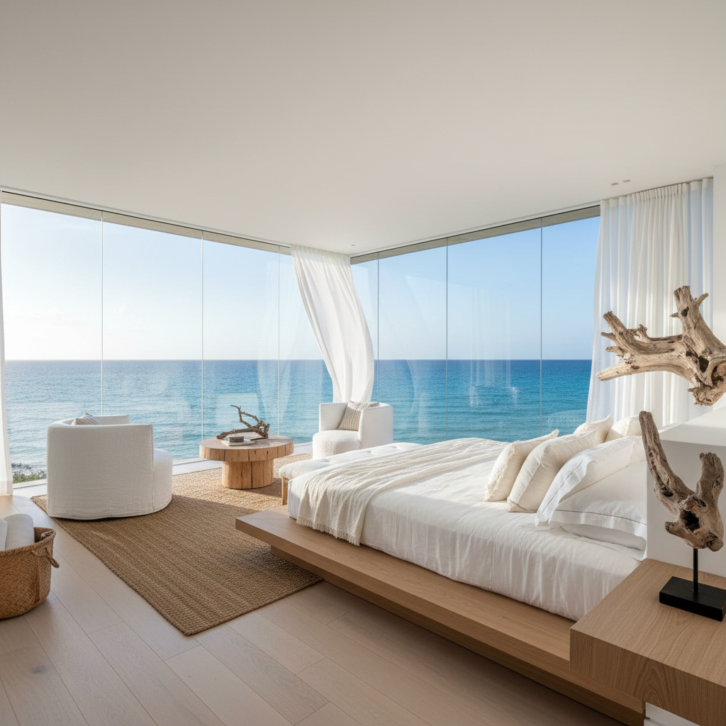 Beachfront room with ocean view, white linen, natural light streaming through windows