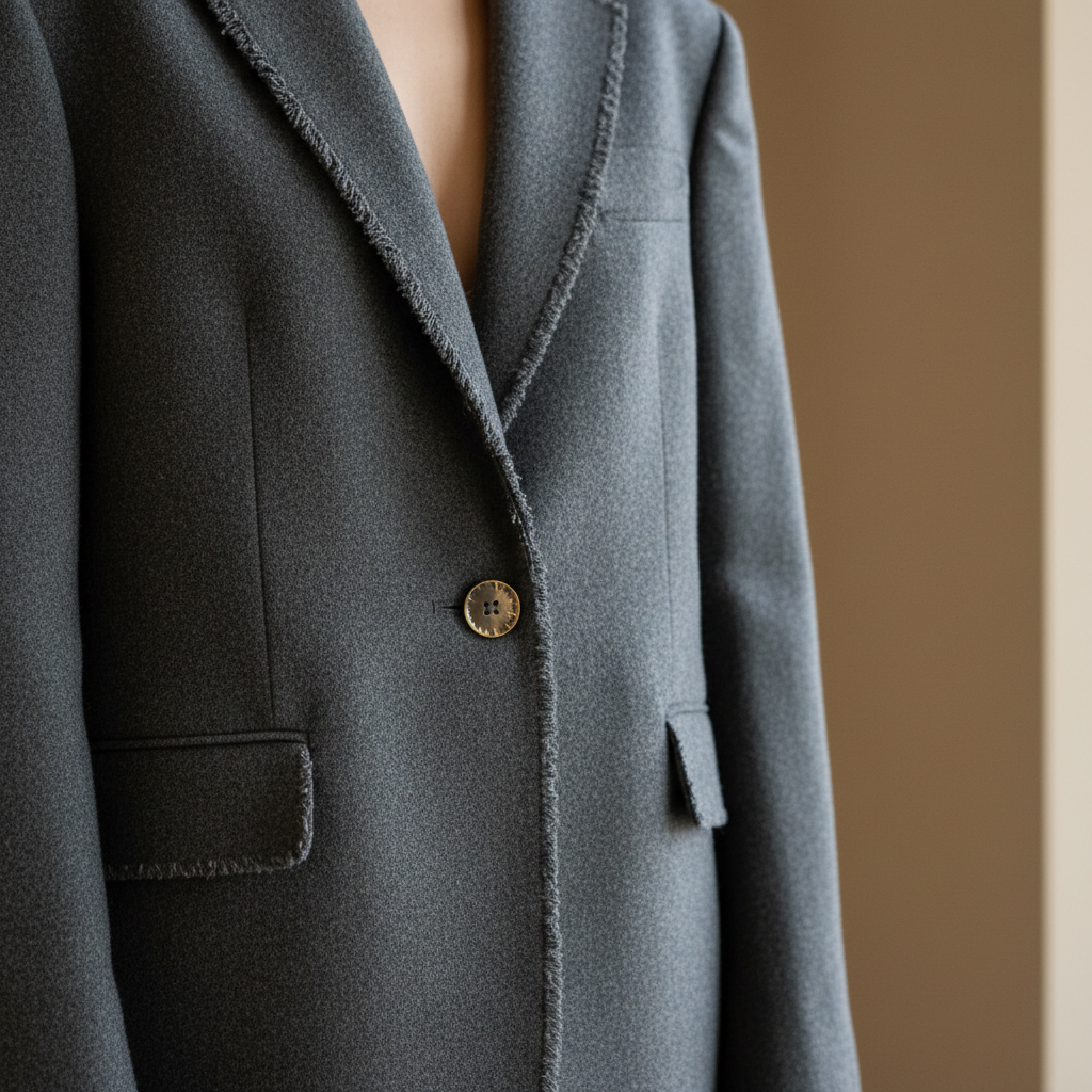 Wool crepe oversized blazer with raw edges and single brass button, editorial portrait