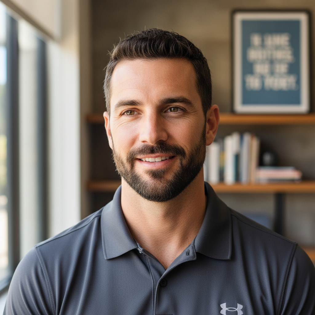Male coach with athletic build, short hair, professional outdoor setting, confident composed expression