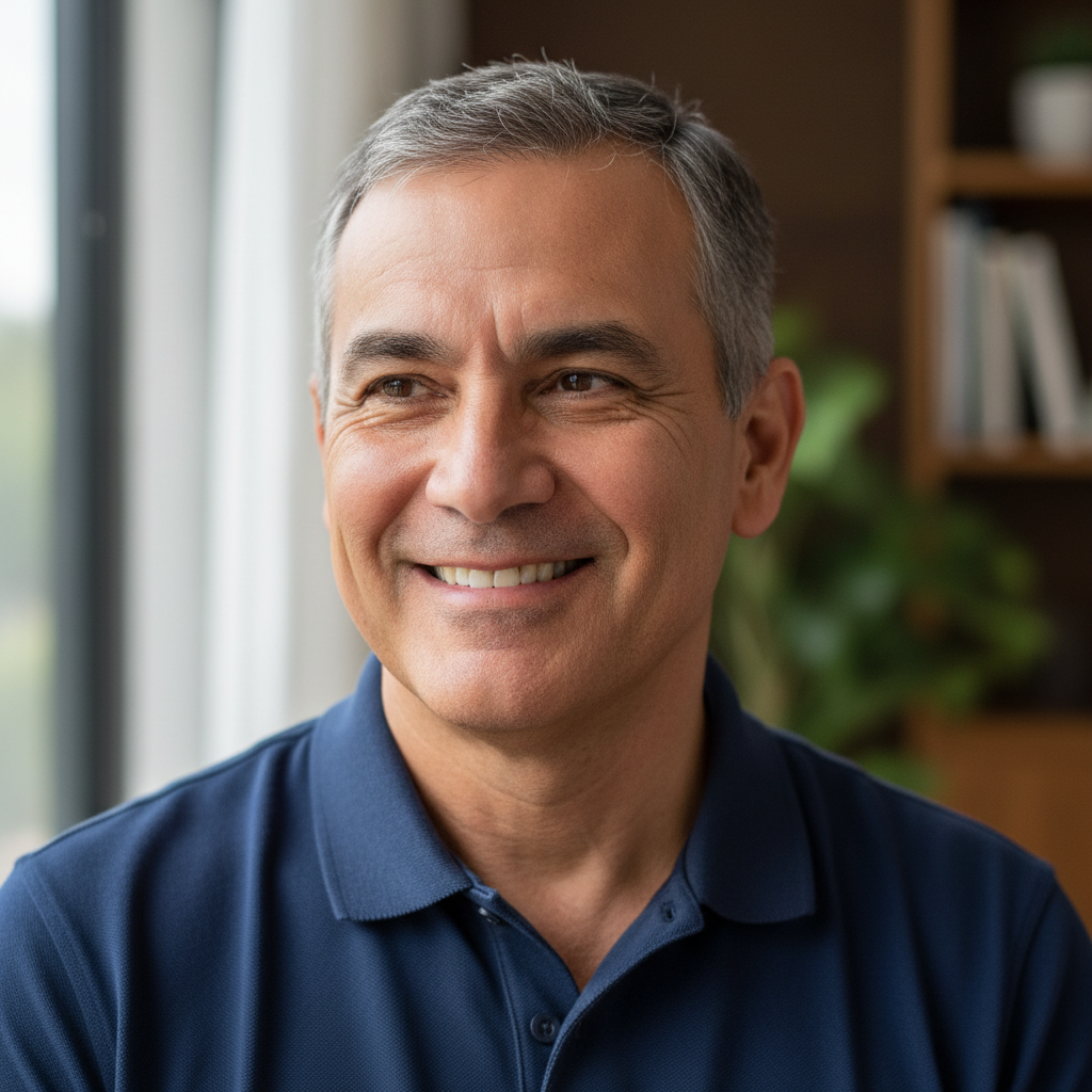 Portrait of a Catholic priest in clerical collar, warm smile, professional setting, natural light