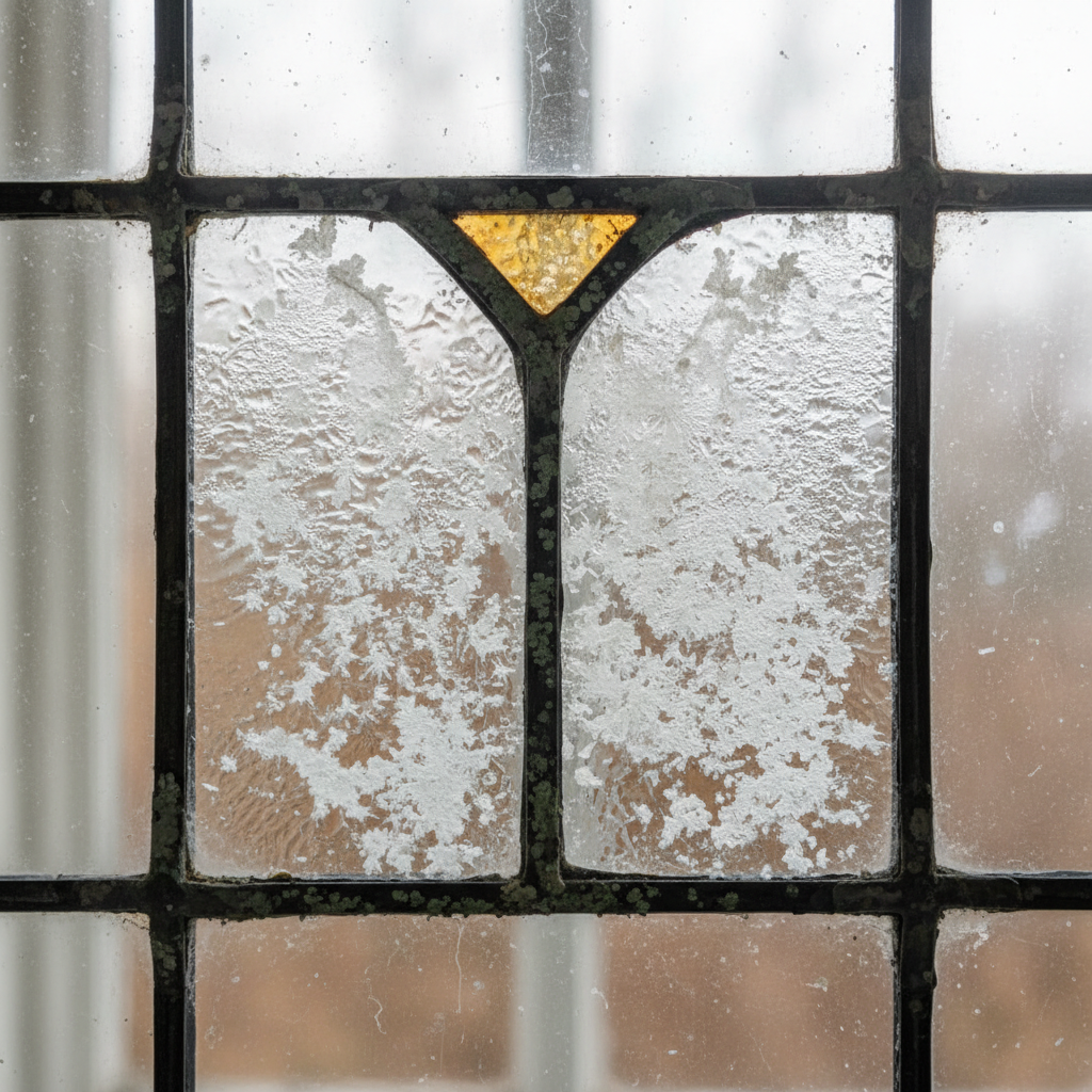 Close-up of hard water mineral deposits and white calcium staining on Victorian leaded window panes in a period London townhouse