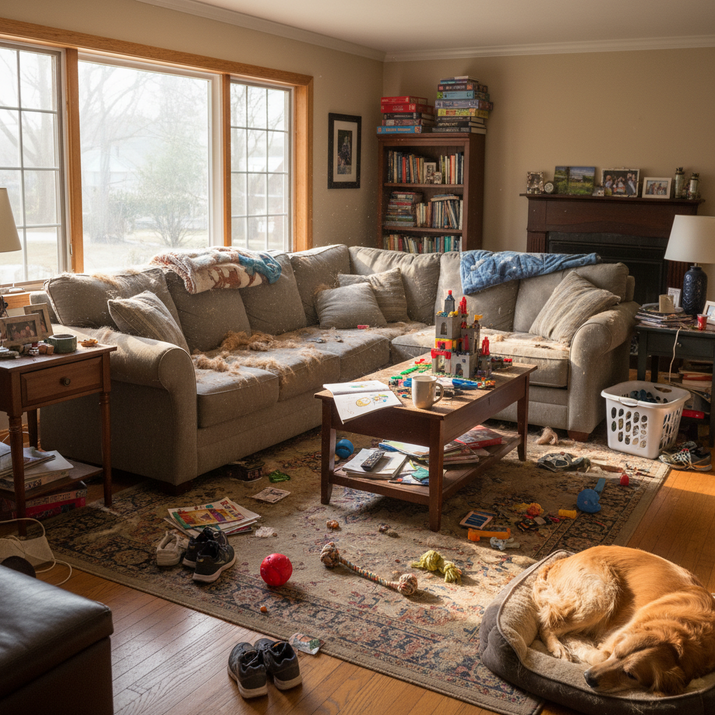 Lived-in family home living room with dog hair, toys, and clutter before deep cleaning