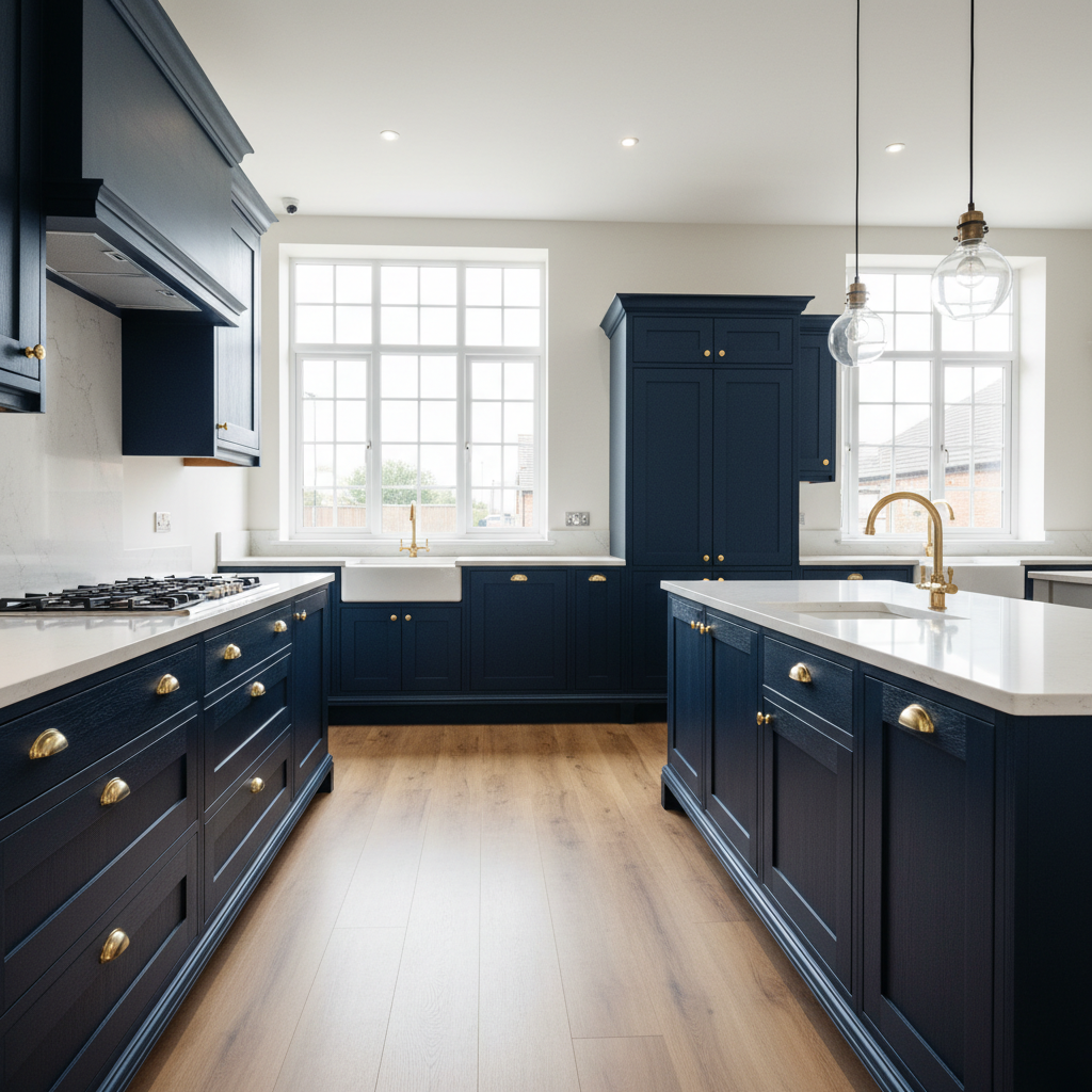 LDC Kitchens Worcester showroom interior showing a dark navy shaker kitchen with brass handles and quartz worktop