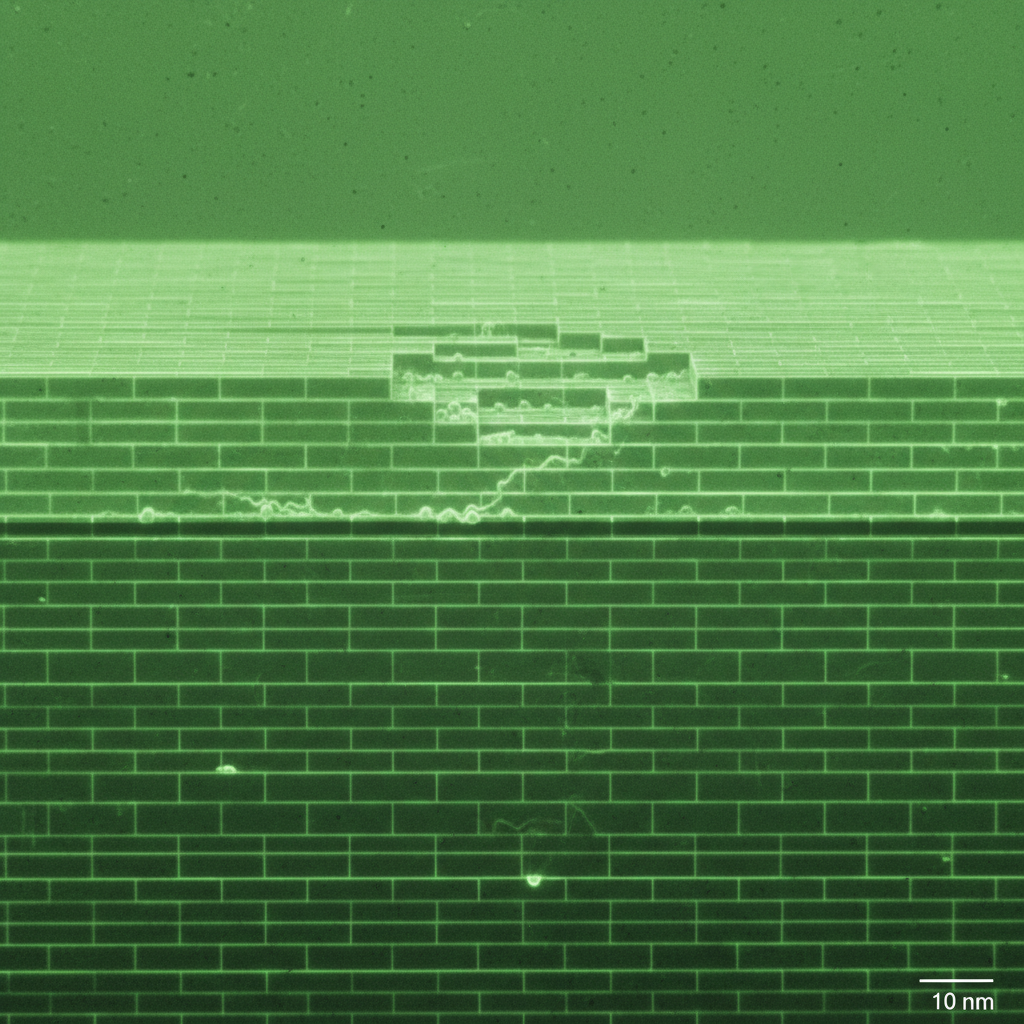 Semiconductor crystal structure under microscope, deep shadows, blue-tinted laboratory lighting, dark background