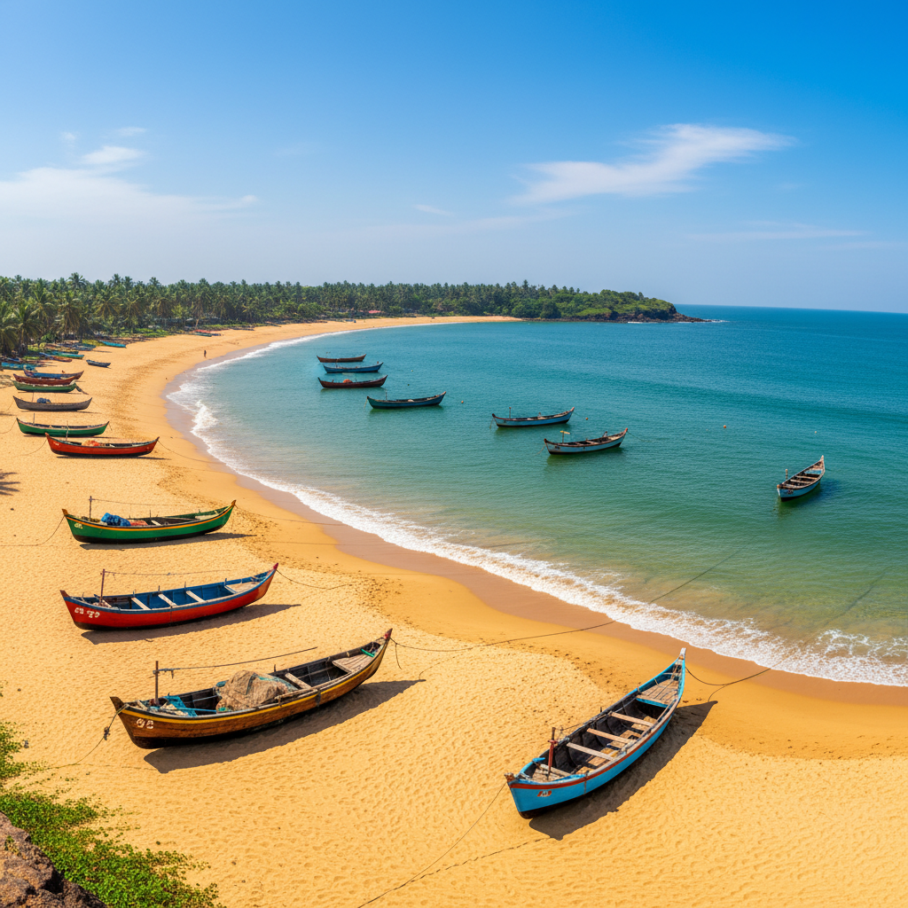 Pristine crescent beach in Gokarna with turquoise water and rocky cliffs at golden hour