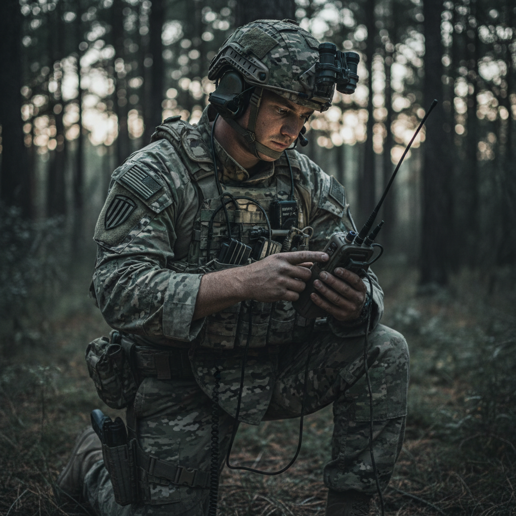Soldier in field gear checking communications equipment during a training exercise in low light conditions