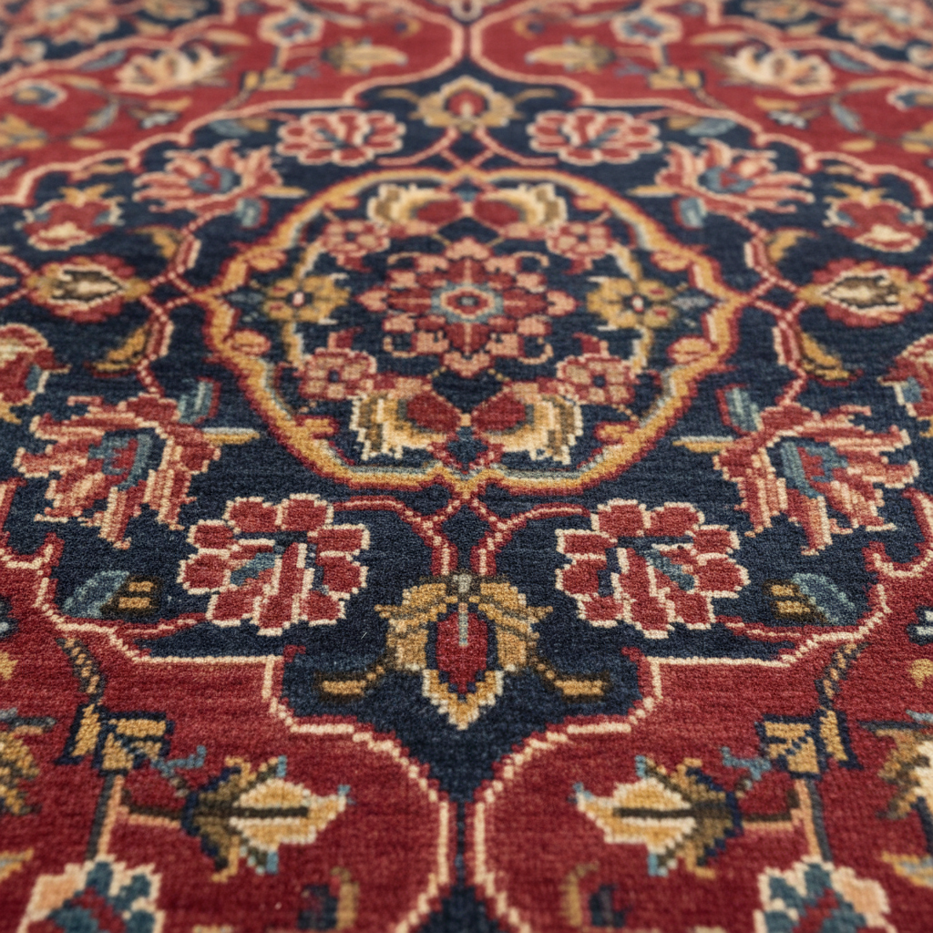 Close-up of hand-knotted Persian carpet pile showing intricate floral medallion pattern in crimson and navy