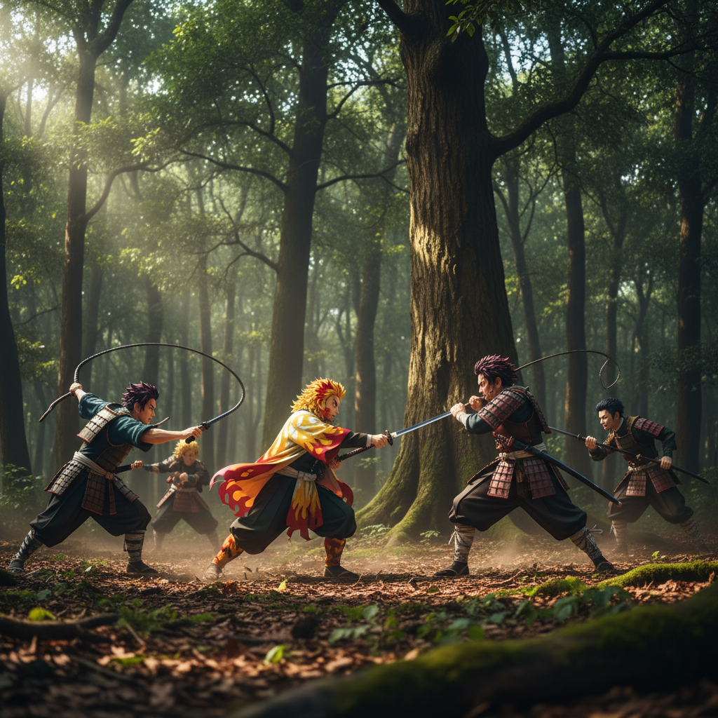 Multiple hashira demon slayers training together in an outdoor forest setting