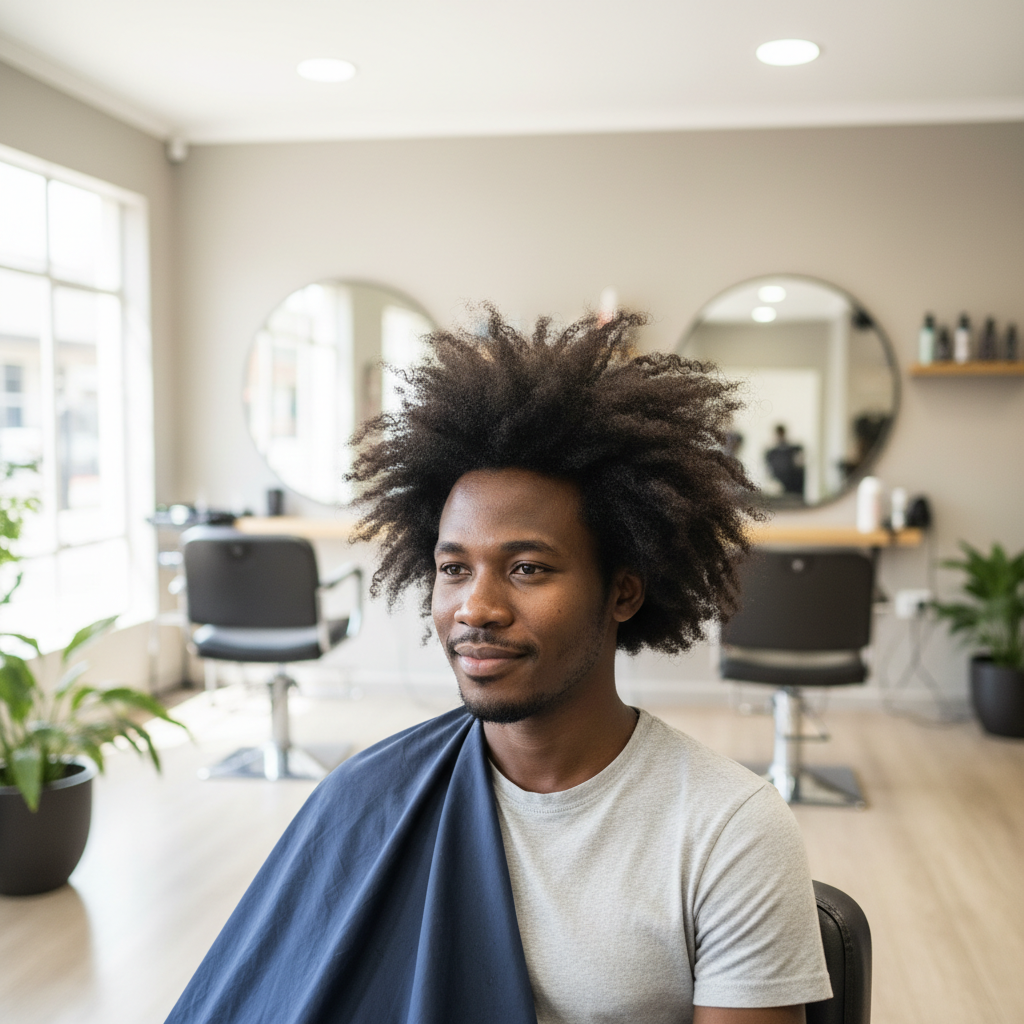 Client before haircut with overgrown hair