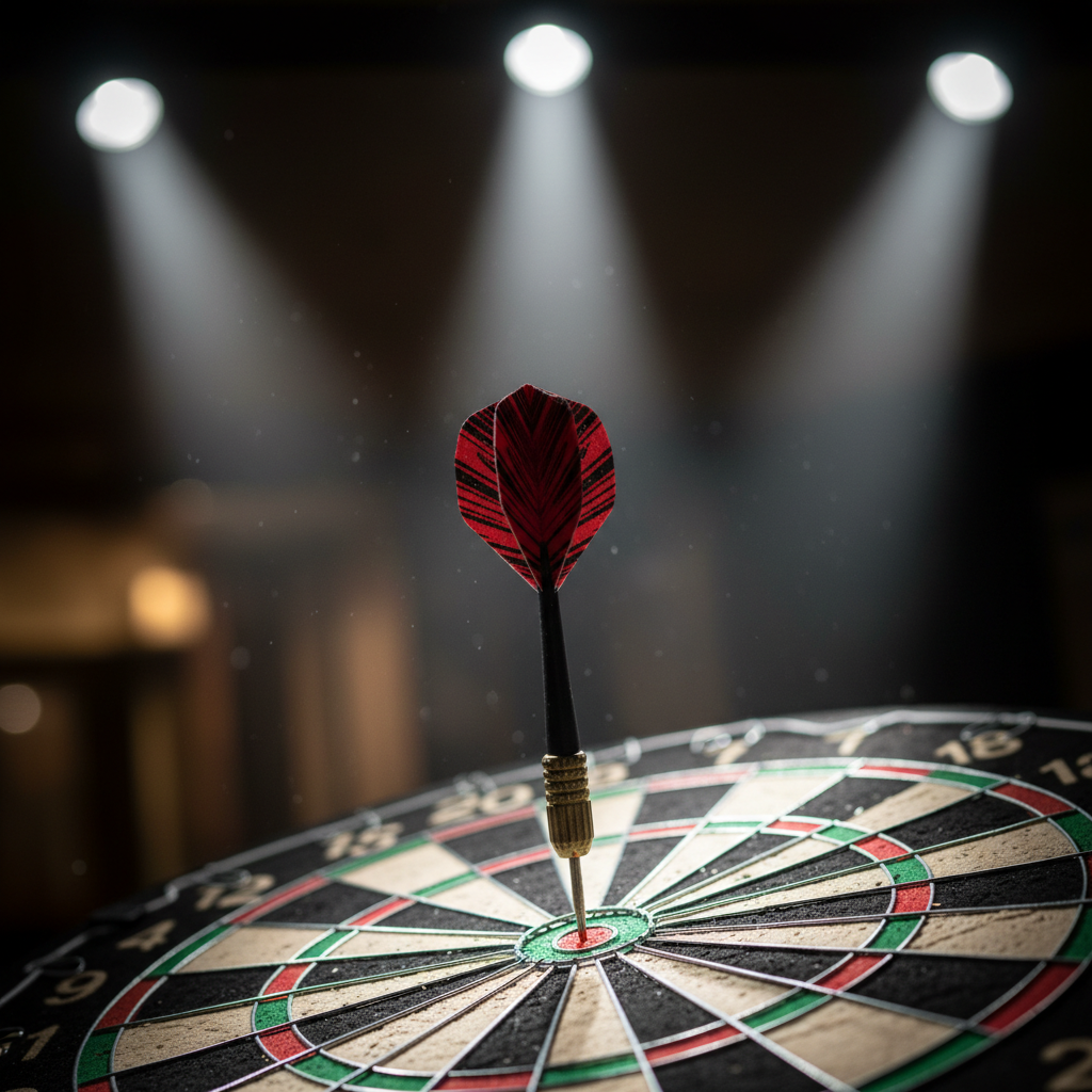 Close-up of a dart hitting the bullseye on a dartboard under spotlights