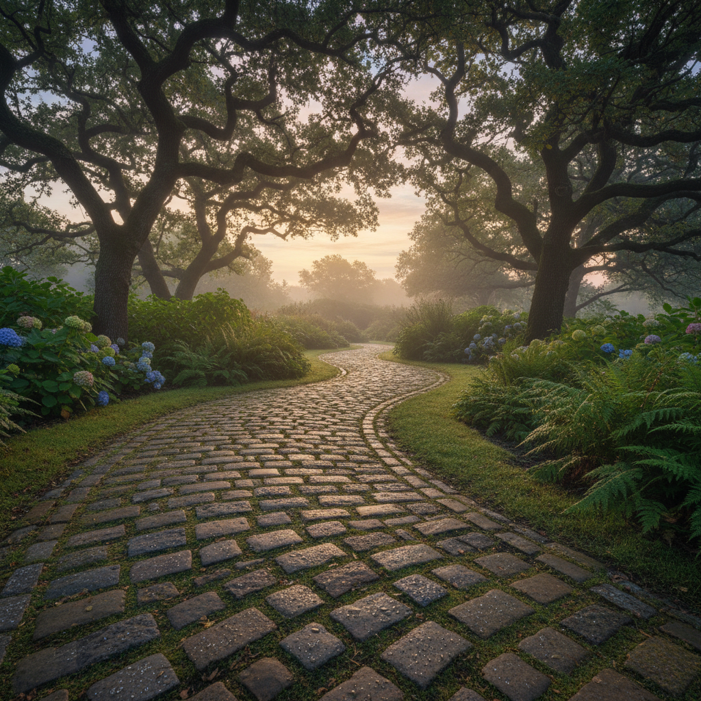 Quiet garden path at dawn with dew on stone, old oak trees filtering morning light
