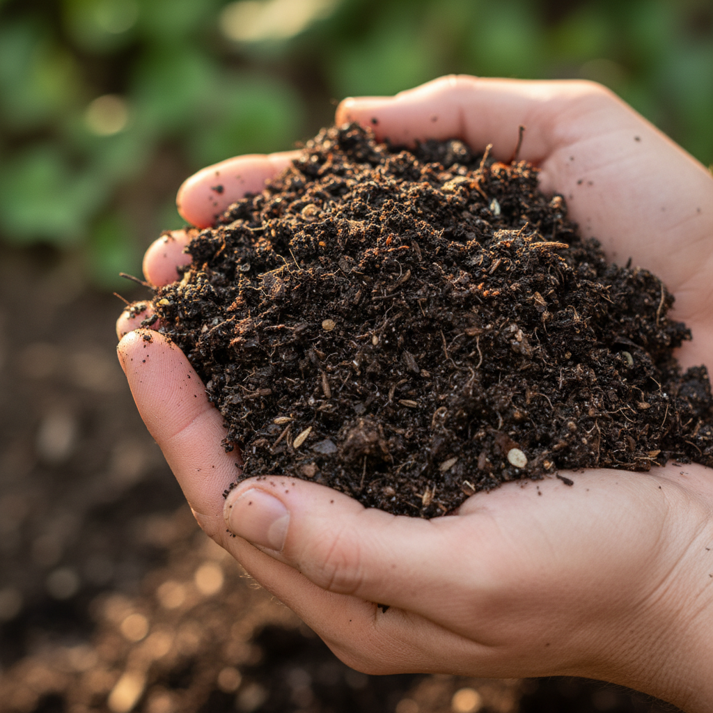Rich dark organic compost in garden bed, earthy tones, healthy soil texture