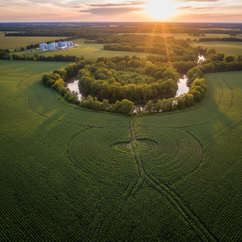 Aerial drone view of a hemp field at golden hour — rows of chest-high hemp plants stretching toward a soft tree line, seed clusters catching the warm light