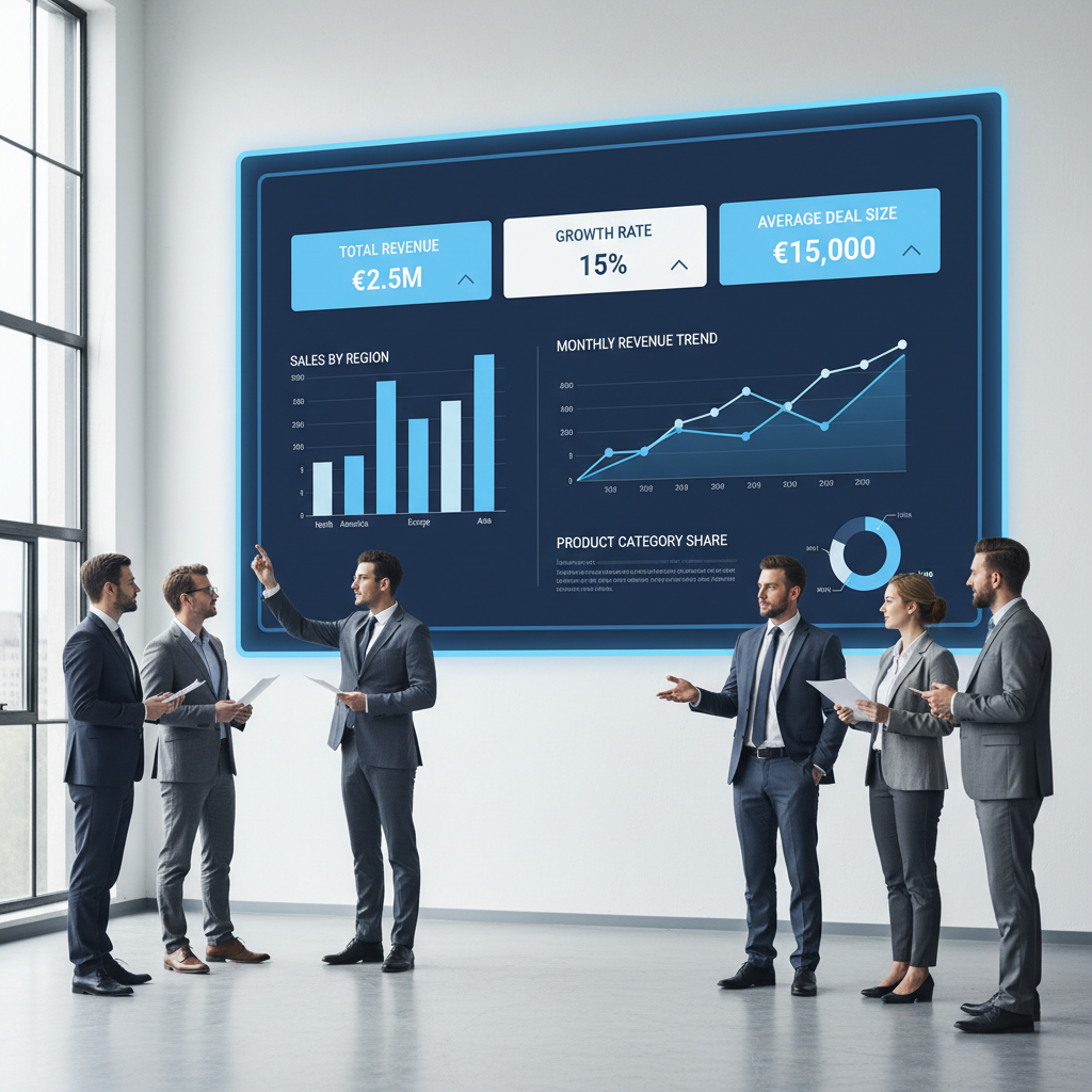 Business intelligence reporting dashboard with KPI metrics, line charts, and automated data visualizations