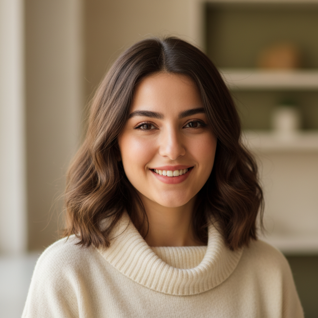 Young Azerbaijani woman with long dark hair, professional appearance, warm smile