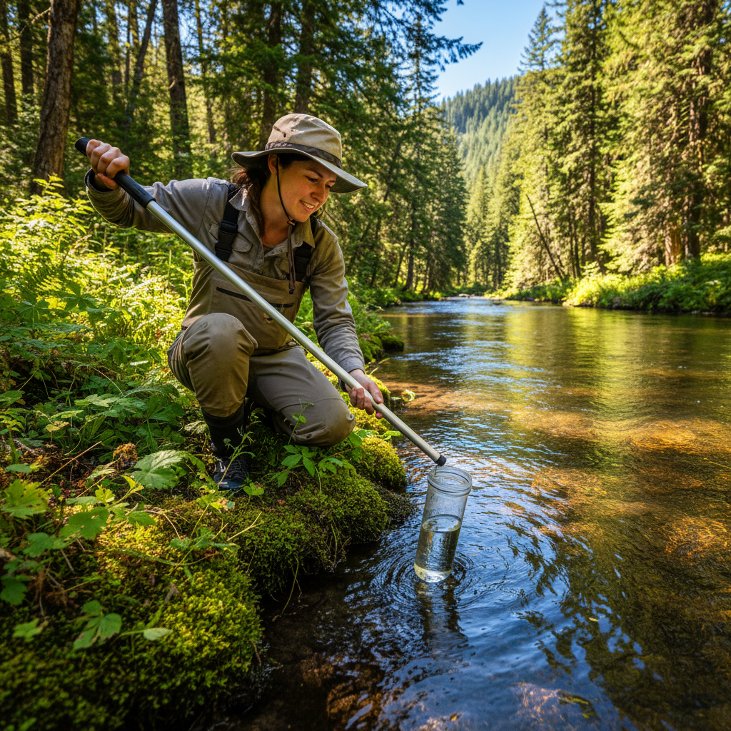Environmental scientist collecting water samples from a river, outdoor fieldwork in lush green surroundings, bright natural daylight