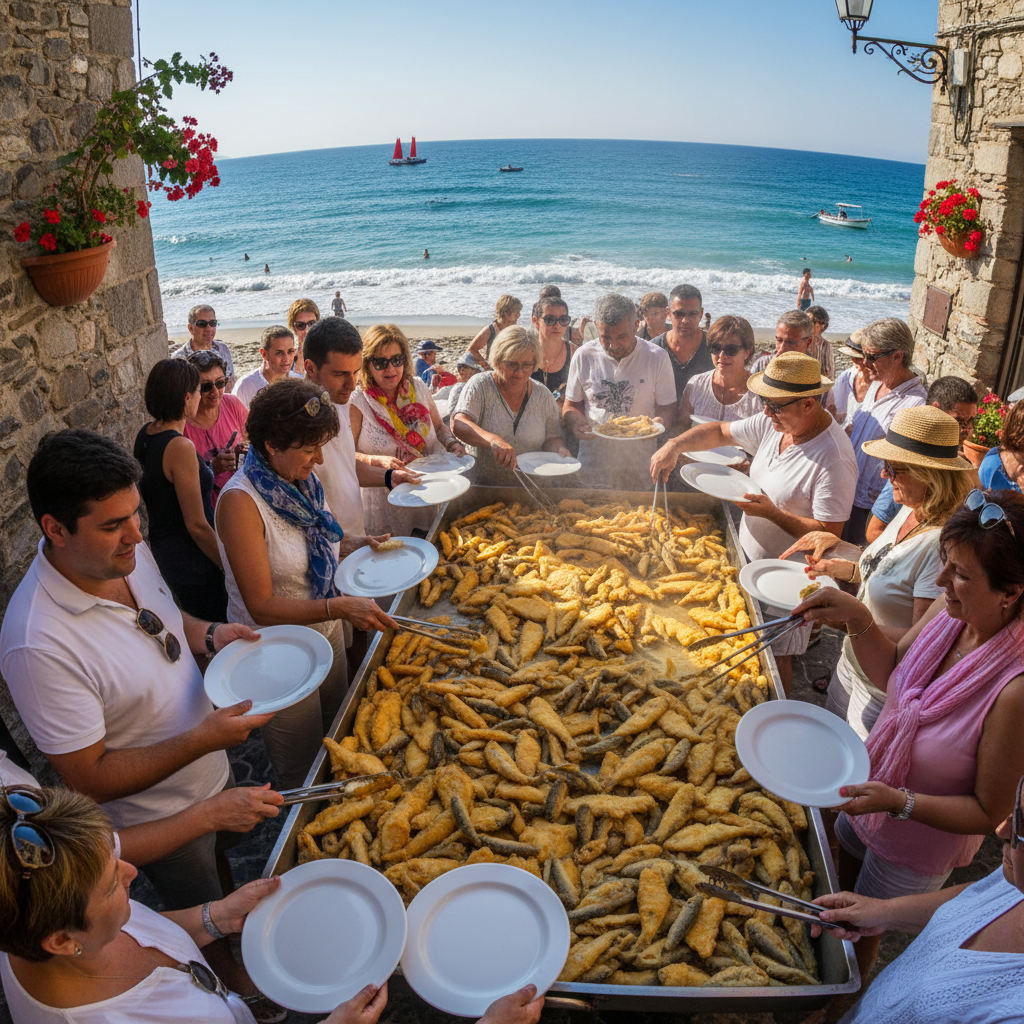 Pesce fritto dorato in padella gigante sul lungomare di Camogli, folla attorno con piatti pronti, mare ligure azzurro sullo sfondo