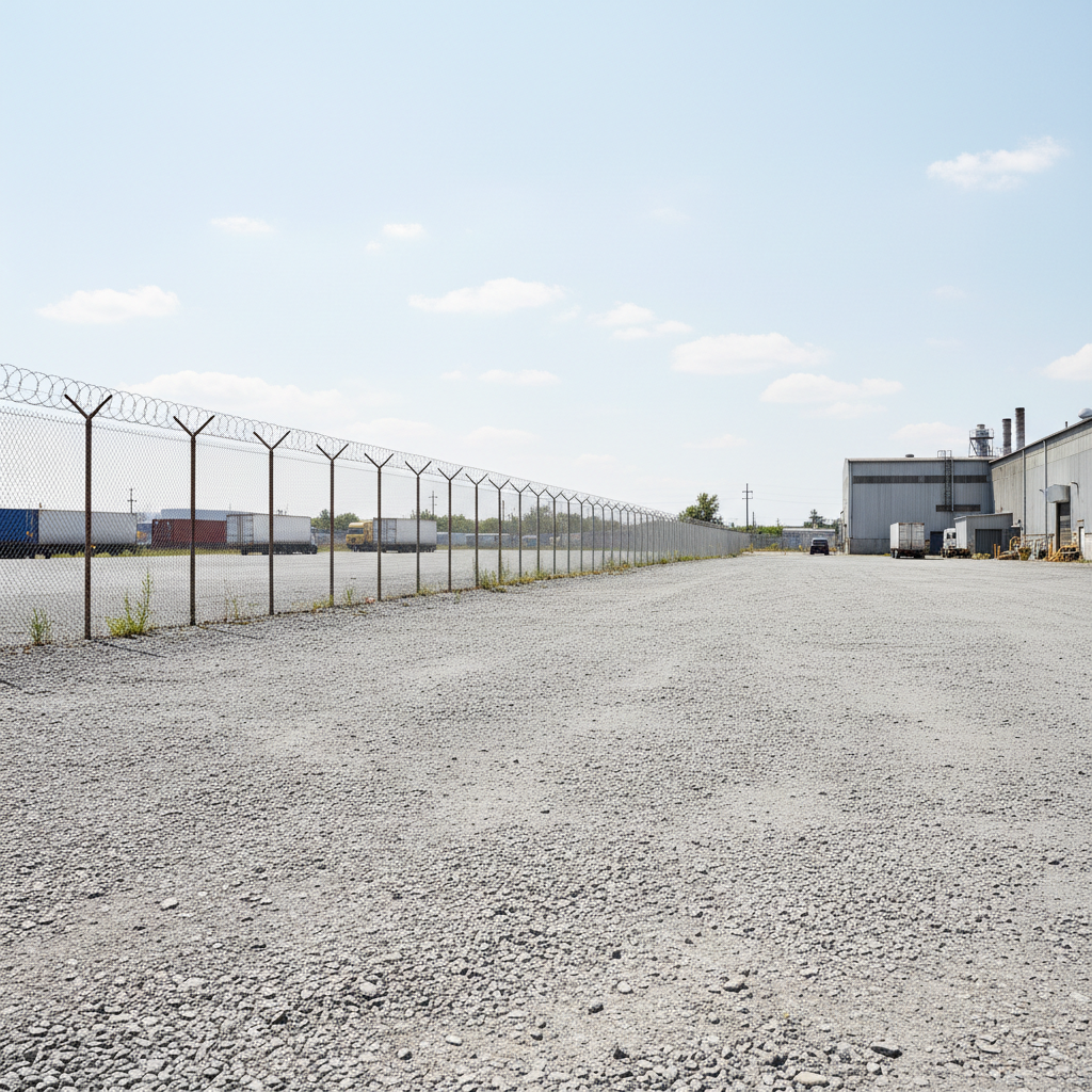 Industrial storage yard with gravel surface and chain-link fence