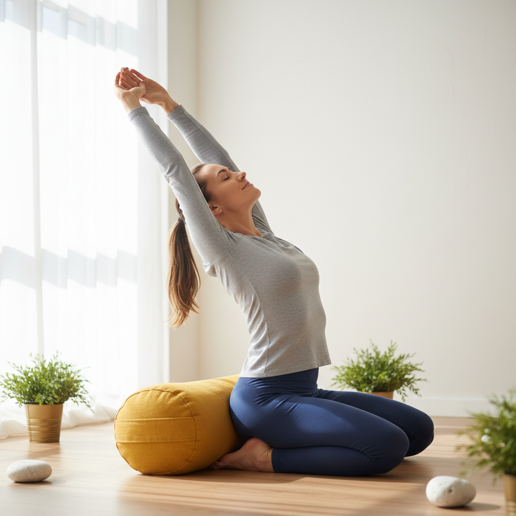 Woman in relaxed yoga pose on yellow bolster cushion in bright studio