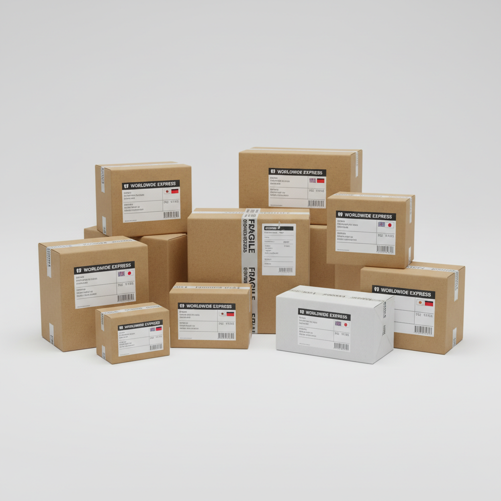 Bruine kartonnen doos met verzendetiket op witte achtergrond — schone productfoto