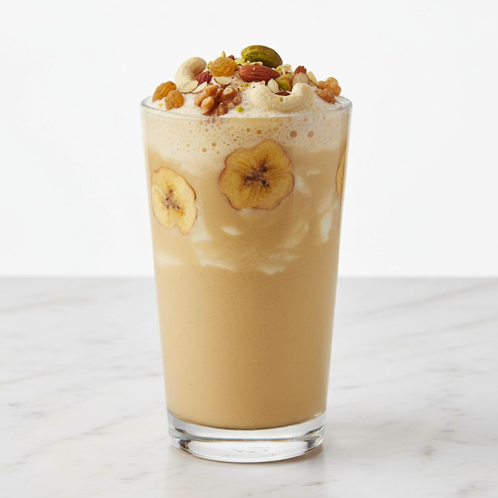 Dry Fruit Special — Premium dry fruits thick shake, Indian café food photography with warm colours and appetising presentation