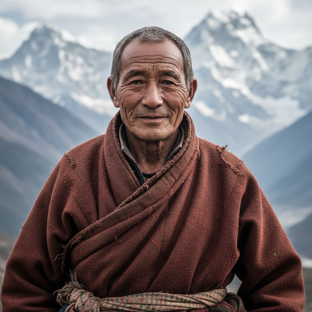 Pemba Sherpa, senior Himalayan guide, at high altitude with snow peaks behind