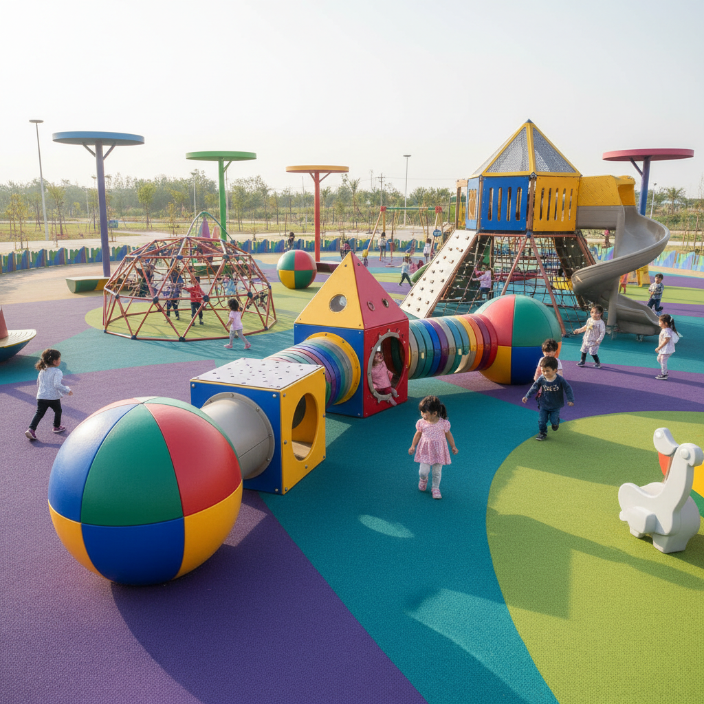 Multi-level children playground with tunnels, slides, and play structures