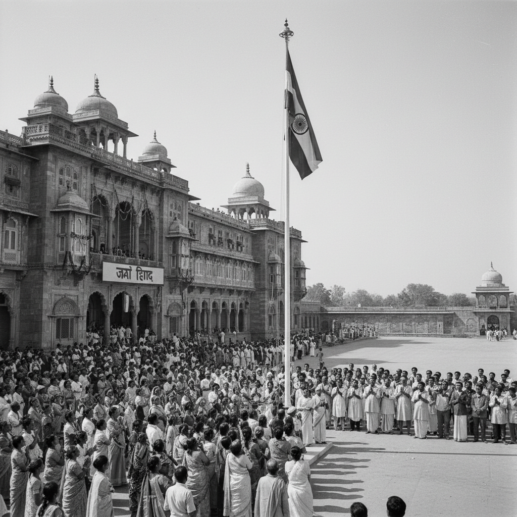 Palace exterior at independence era, Indian flag being raised, crowds gathered in the courtyard, historic black and white toned photograph