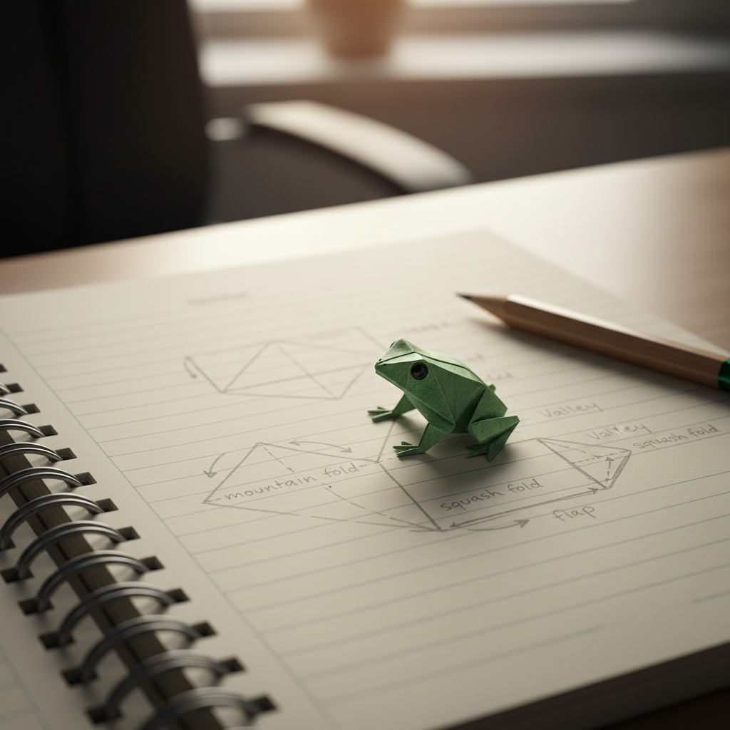 Green origami jumping frog on a notebook page with pencil crease annotations