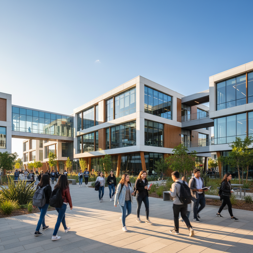 Bright university campus with students walking between modern buildings, sunny day with clear skies