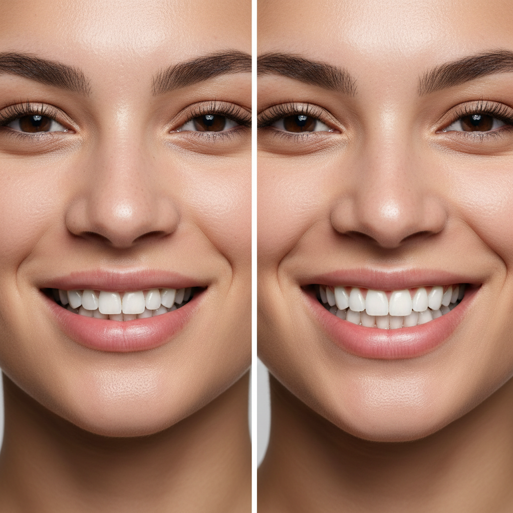 Before and after dental transformation concept, bright studio lighting, confident smiling patient