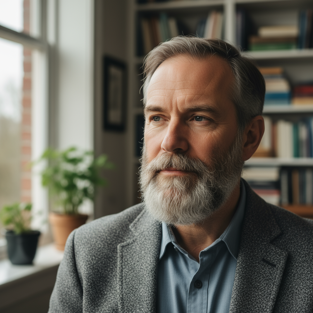 Experienced senior male environmental professional in formal attire, neutral background, expert portrait