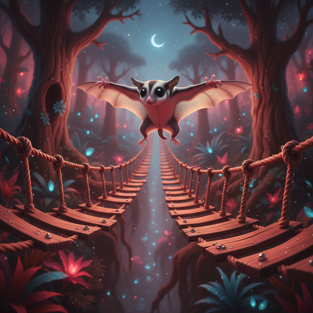 Small animal mid-leap between two rope bridges in soft red nighttime lighting, wings spread