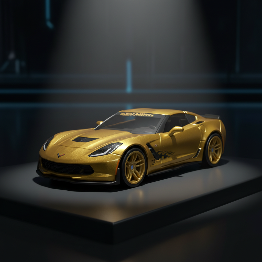 Gold Corvette Super Treasure Hunt car in virtual spotlight