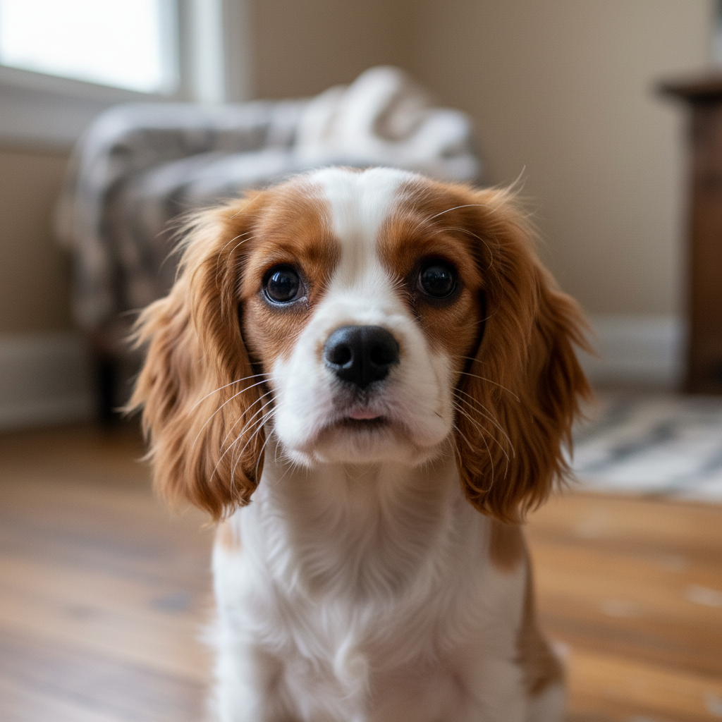Young Cavalier King Charles Spaniel puppy with silky chestnut fur, sitting alert on a warm wooden surface, soft natural light