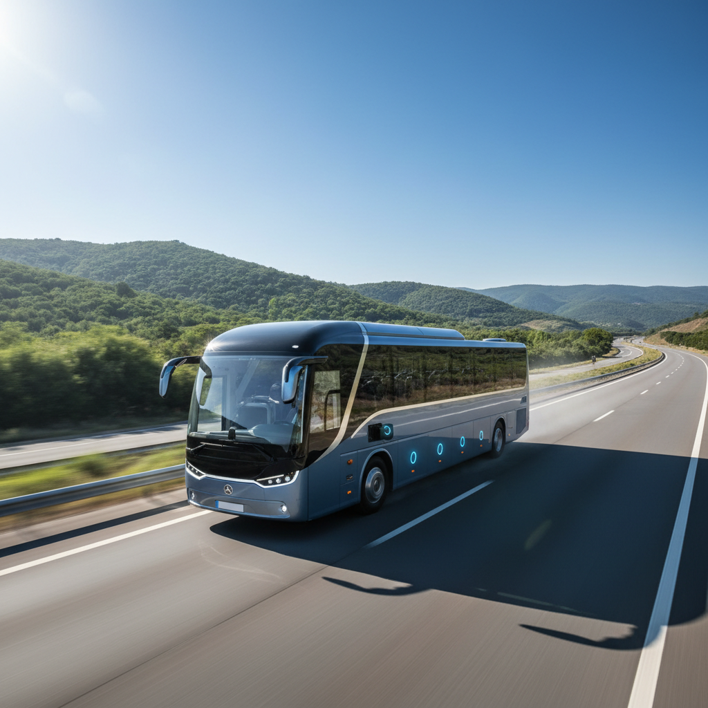 Long-distance electric coach bus on open highway, scenic landscape, daytime clear sky