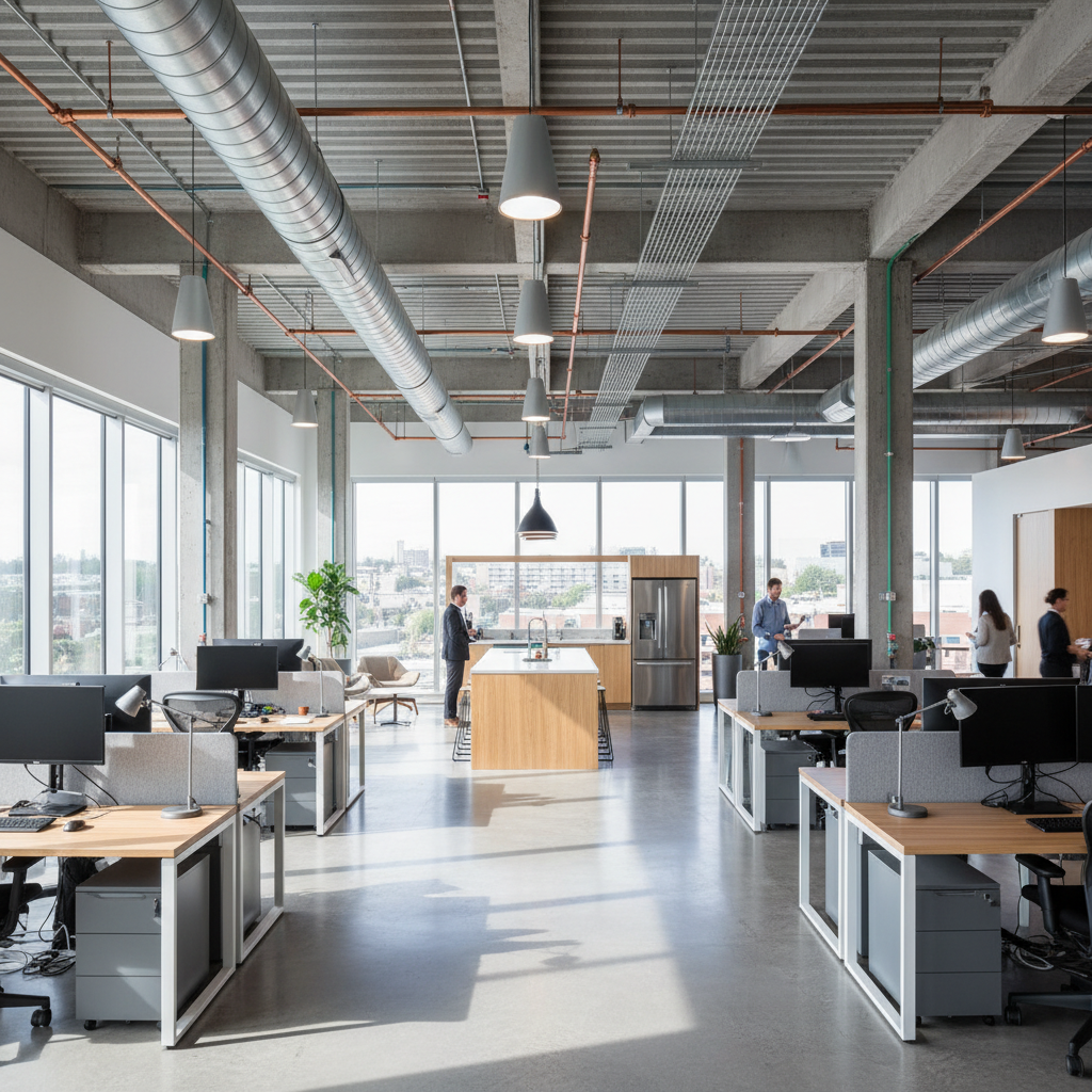 Modern open office with exposed concrete ceiling, large windows, and collaborative work areas