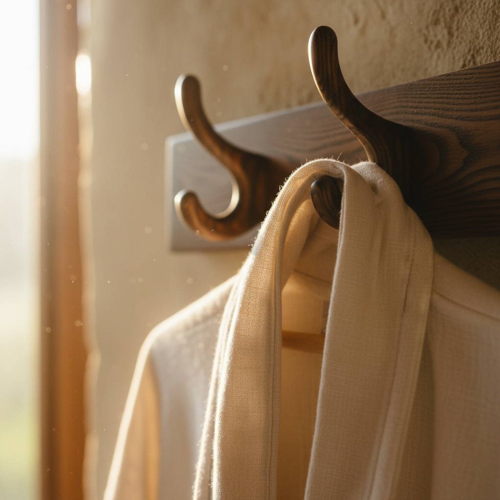 Soft ivory linen robe hanging on dark wooden hook with morning light behind