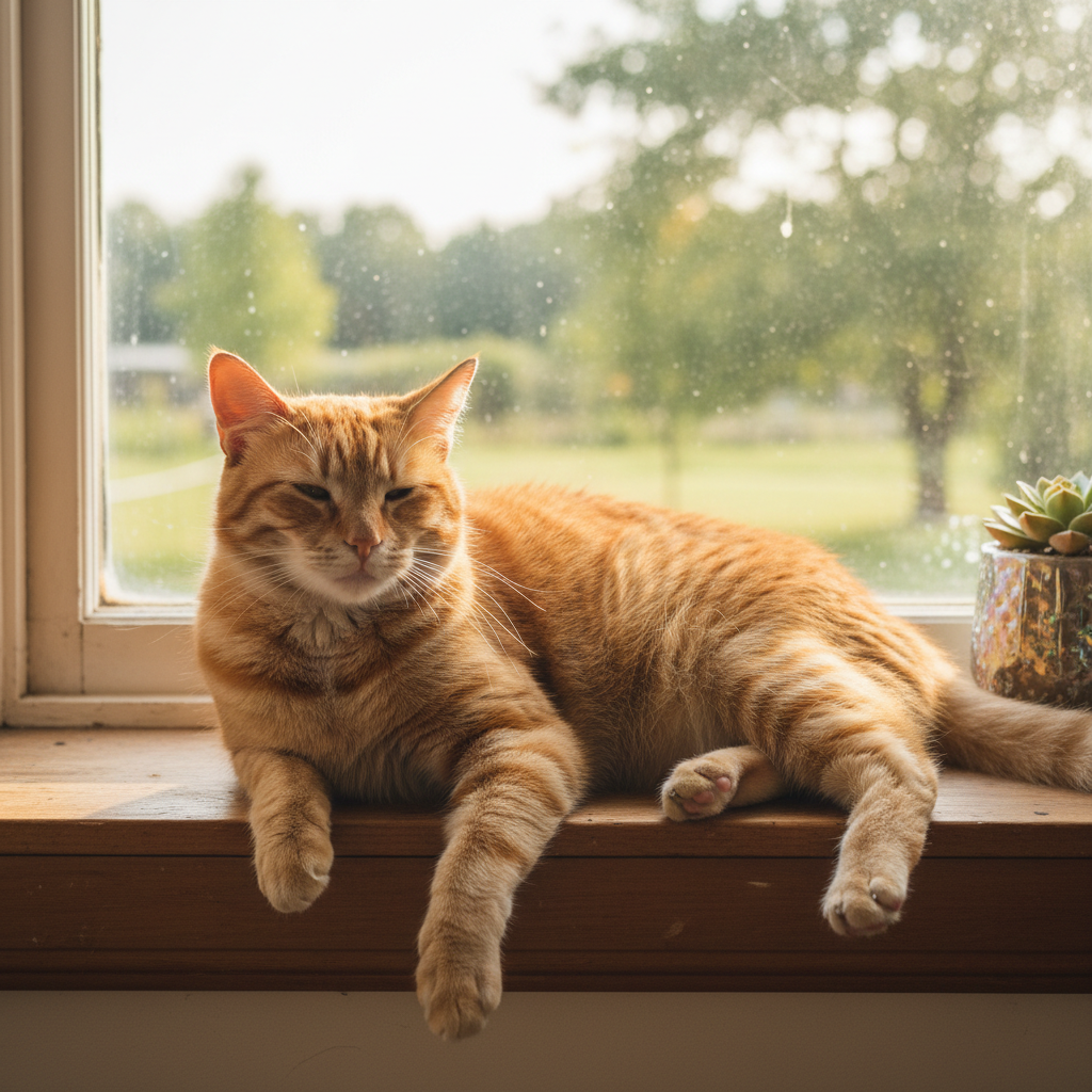 Orange tabby cat Biscuit curled up on a warm window sill in afternoon light