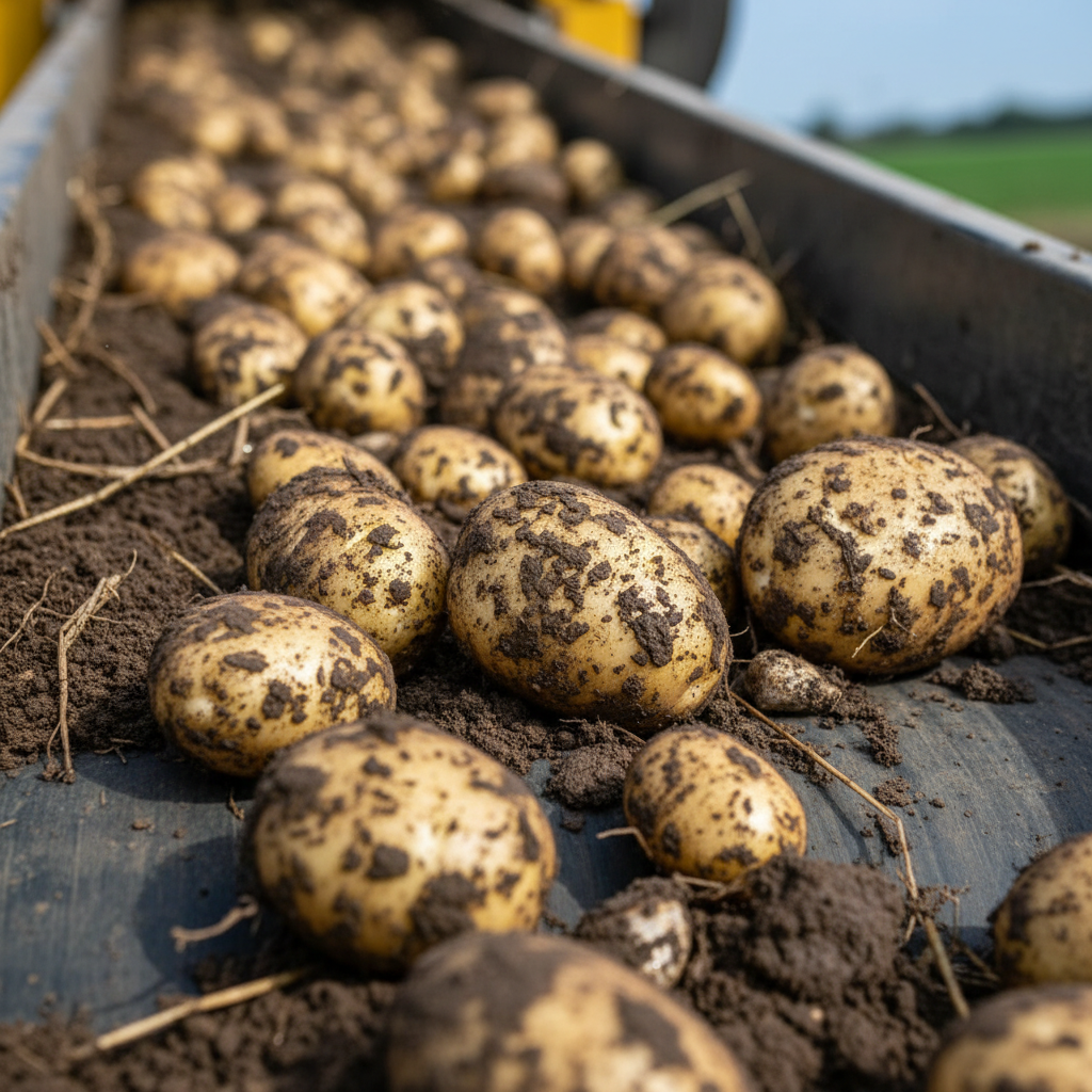 Close-up of freshly harvested potatoes moving along a harvester conveyor belt, soil-covered and pale fleshed