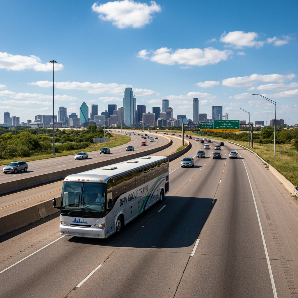 Charter bus on North Texas highway, group transportation service for DFW Metroplex events and travel